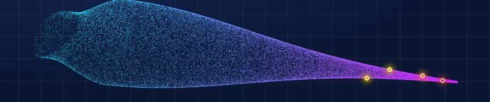 Ilustración de una nube de puntos 3D de una pala de aerogenerador con zonas marcadas