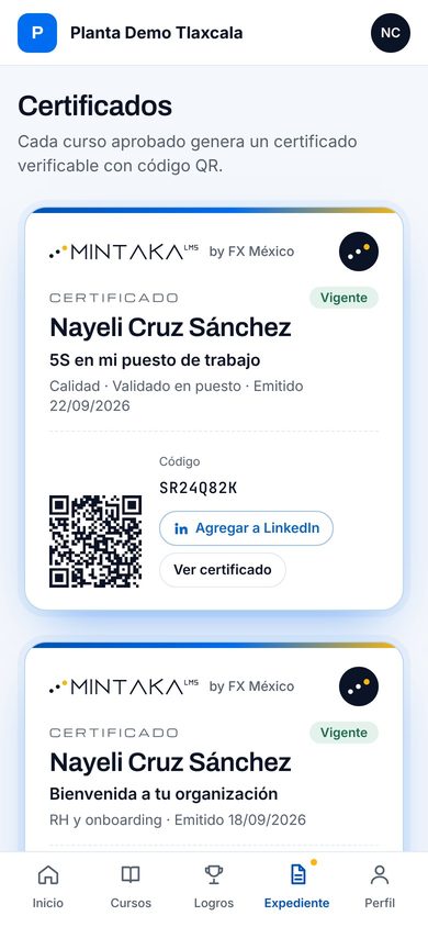 Mintaka LMS: certificados verificables con código QR
