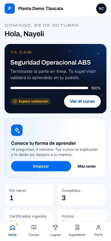 Mintaka LMS: inicio del colaborador con su curso pendiente de validación