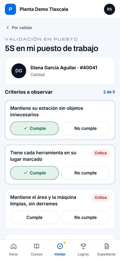 Mintaka LMS: el supervisor valida en el puesto cada criterio
